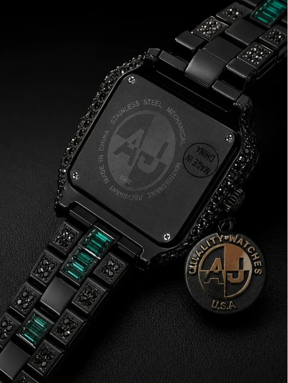 #545 AJ Quality Watches Black & Emerald Crystal Watch | 42mm | New with Tags